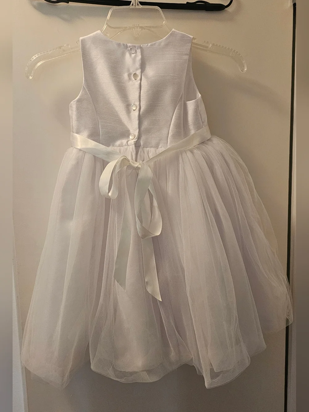White Tulle Flower Girl Dress by David's Bridal featuring tulle skirt & ribbon - Picture 3 of 8